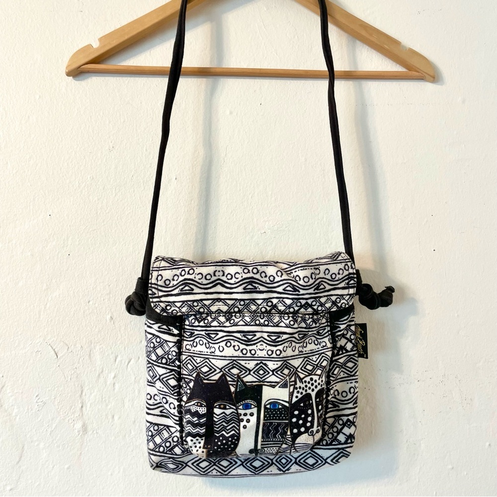 Laurel Burch Cats Fold Over Canvas Crossbody Bag Purse, Black & White